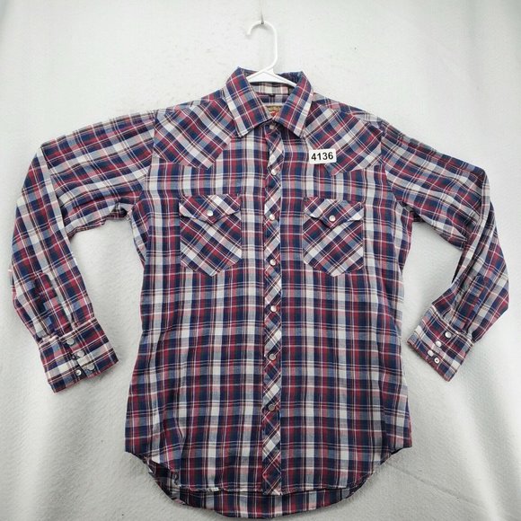 Young Bloods Shirt Men's Long Sleeve Pearl Snap Up Collared Plaid Western Blue M - Picture 12 of 12
